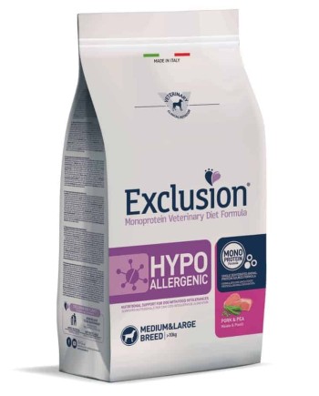 EXCLUSION HYPOALLERGENIC VIDUTINIŲ/DIDELIŲ VEISLIŲ ŠUNIMS SU KIAULIENA IR ŽIRNELIAIS - 12 kg