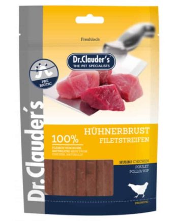 DR. CLAUDER'S vytintos vištienos krūtinėlės skanėstas juostelėmis šunims 80g