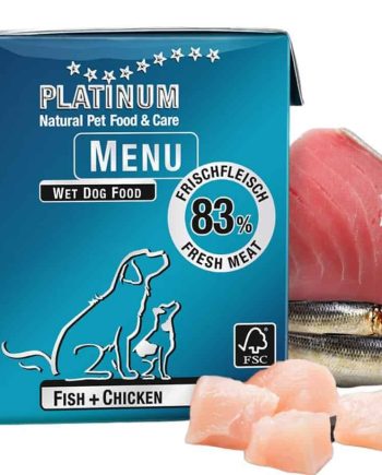 Platinum Menu paštetas šunims su žuvimi ir vištiena, 375g
