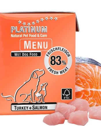 Platinum Menu paštetas šunims su kalakutiena ir lašiša, 375g